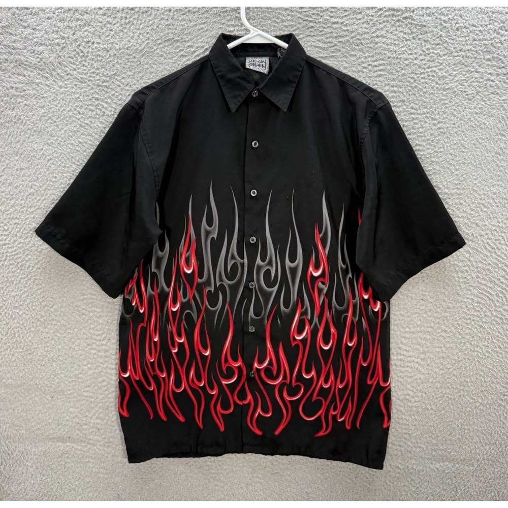 Vintage Authentic Shaolin Shirt Boys Youth XL 18 Black Flames Bowling Shirt Y2K